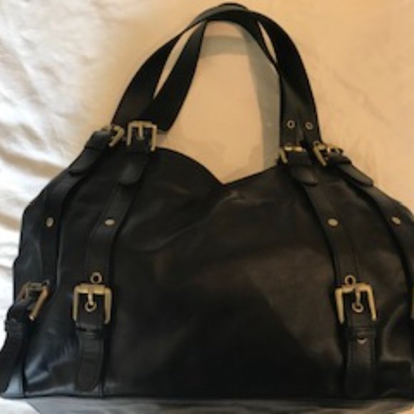 Danier Black Leather Handbag with Trendy Buckles - Picture 2 of 6